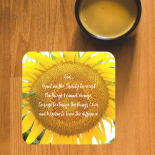 Inspirational Serenity Prayer Yellow Sunflower Square Paper Coaster