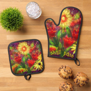 Inspirational This Too Shall Pass Floral Red Oven Mitt & Pot Holder Set