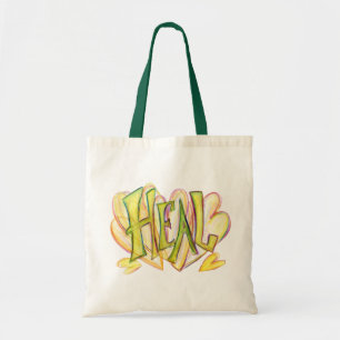 Inspirational Word Heal Art Green Handled Tote Bag