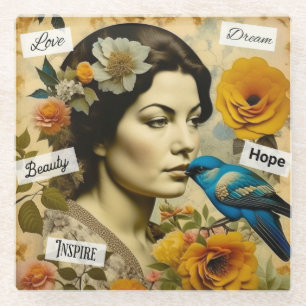 Inspirational Words and Vintage Lady Personalized Glass Coaster