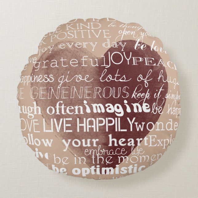 Inspirational Words Watercolor Heart Round Pillow (Front)