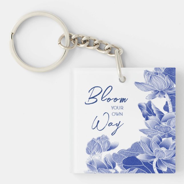 Inspirational Zen Quote Blue Flowers Lotus Mandala Keychain (Front)