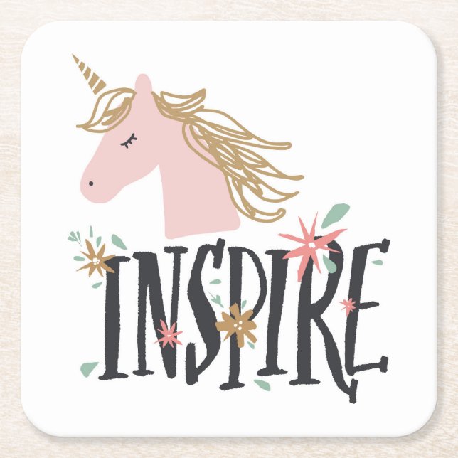 Inspire | Gold Mane Unicorn Square Paper Coaster (Front)