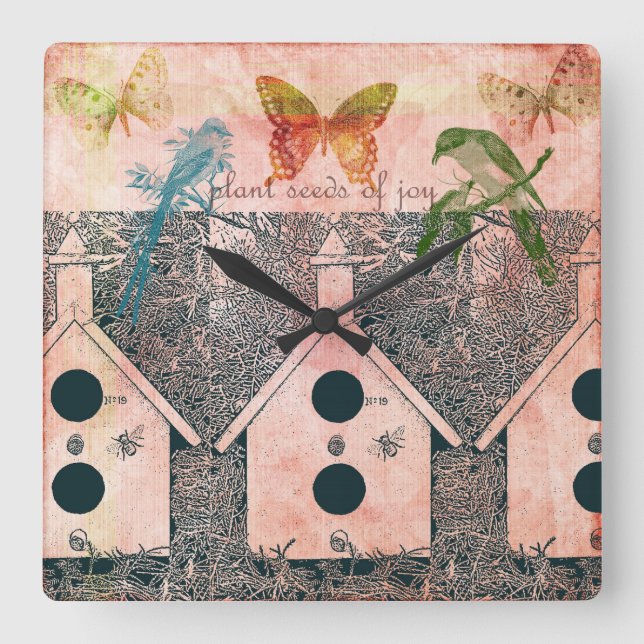 Inspired Birds with Bird Houses Square Wall Clock (Front)