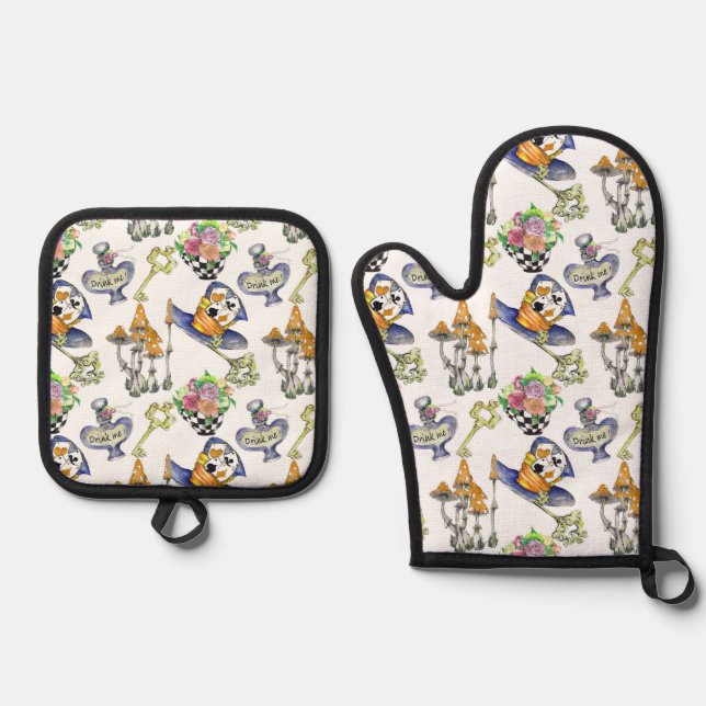 Inspired By Alice In Wonderland Oven Mitt & Pot Holder Set (Front)
