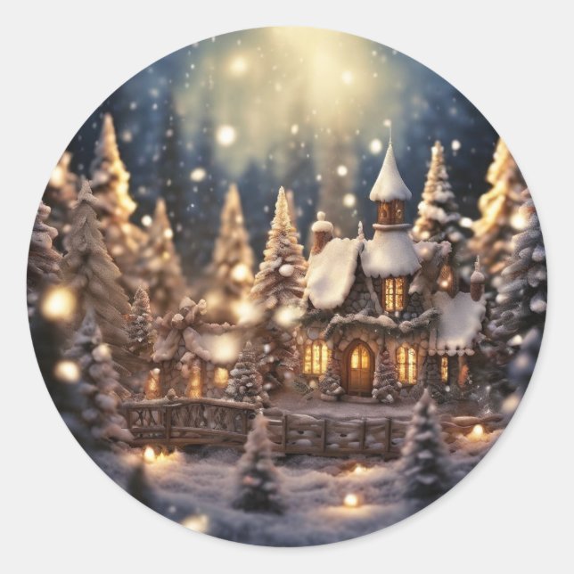 Inspired Christmas Themed Fairy-Tale Castle Classic Round Sticker (Front)