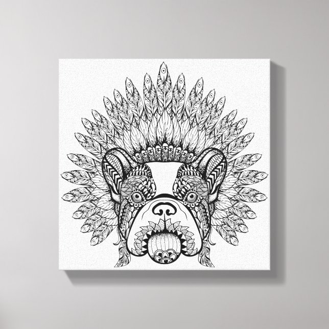 Inspired French Bulldog In War Bonnet 6 Canvas Print (Front)