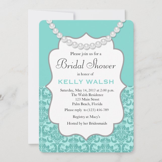 Inspired Pearls Aqua Blue Bridal Shower Invitation (Front)