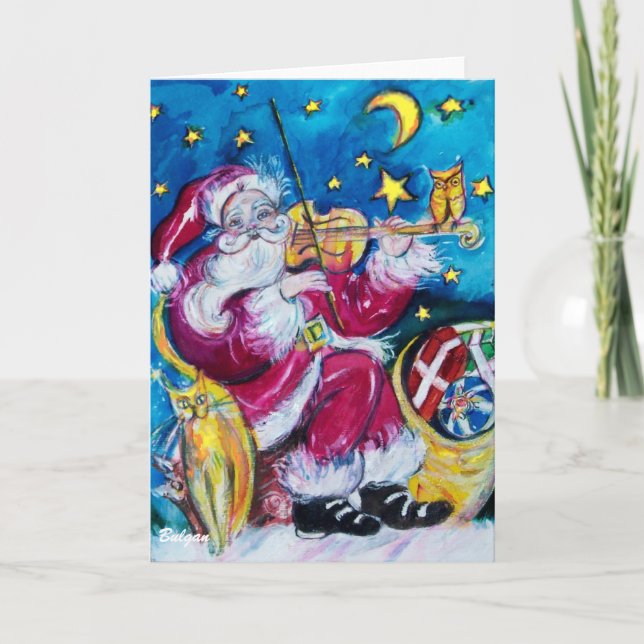 INSPIRED SANTA PLAYING VIOLIN,Owl, Christmas Night Holiday Card (Front)