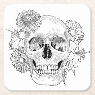 Inspired Skull And Flowers Square Paper Coaster
