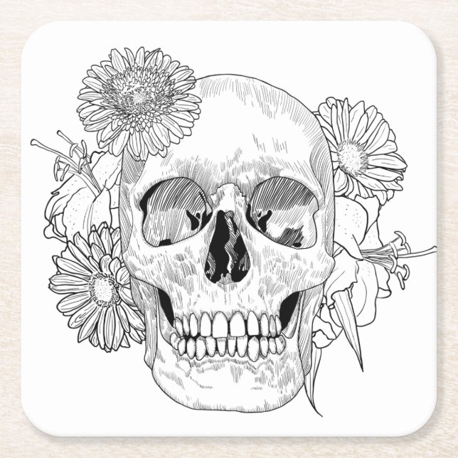 Inspired Skull And Flowers Square Paper Coaster (Front)