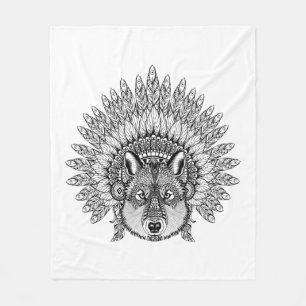 Inspired Wolf In Feathered War Bonnet Fleece Blanket