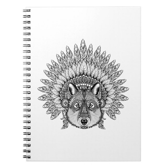 Inspired Wolf In Feathered War Bonnet Notebook (Front)