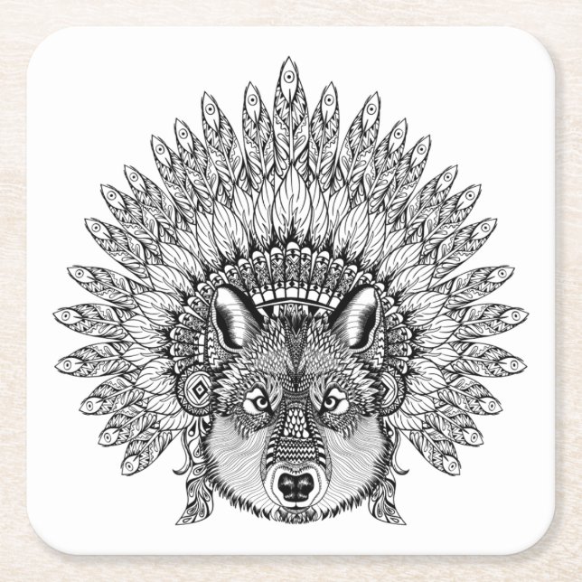 Inspired Wolf In Feathered War Bonnet Square Paper Coaster (Front)