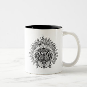 Inspired Wolf In Feathered War Bonnet Two-Tone Coffee Mug