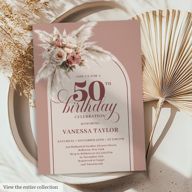 Inspiring Arch Powder Pink Pampas Floral Fifty 50 Invitation (Inspiring Arch Powder Pink Pampas Floral Fifty Birthday)