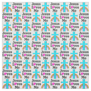 INSPIRING BLUE CROSS CHRISTIAN JESUS LOVES ME FABRIC