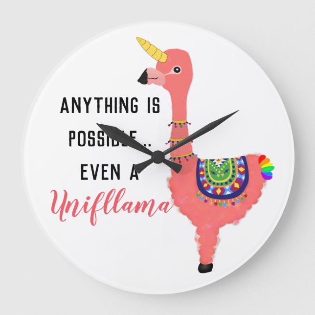 Inspiring Pink Unicorn Flamingo Llama Cute Kawaii Large Clock (Front)