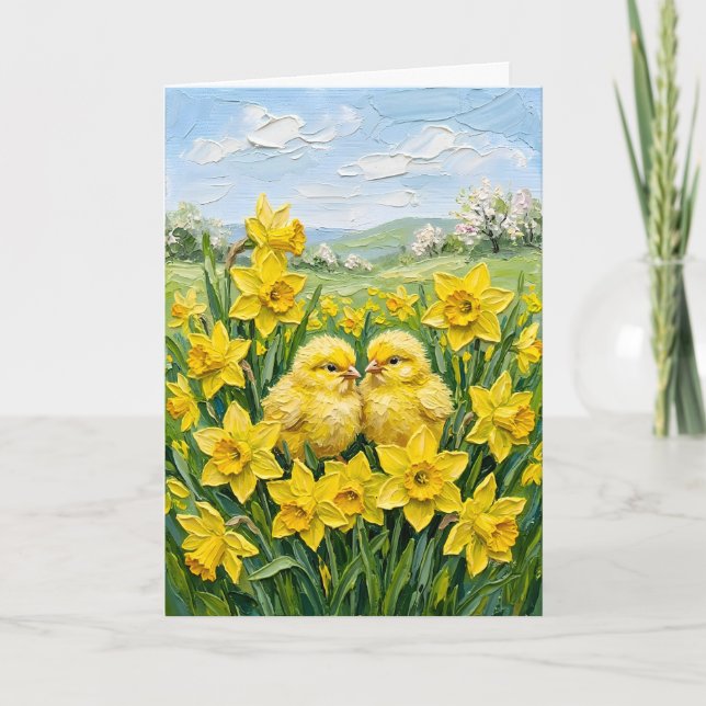 Inspiring Spring Baby Chicks Daffodils Easter Art Holiday Card (Front)