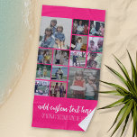Instagram Collage - 14 photos script - Hot Pink Beach Towel<br><div class="desc">A design with a hot pink background and a place to add text in a trendy script. Use up to fourteen square photos to create a unique and personal gift. If you need to adjust the pictures,  click on the customize tool to make changes.</div>