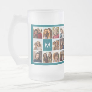 Instagram Collage with Custom Monogram Blue Frosted Glass Beer Mug