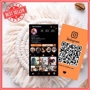 Instagram Hair Stylist Orange QR Code Social Media Business Card
