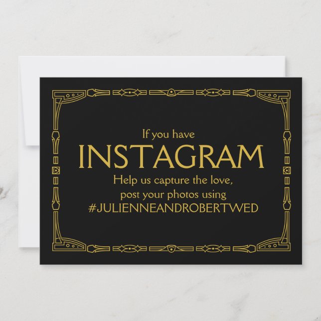 "Instagram Hashtag" Gold Art Deco Wedding Sign Invitation (Front)