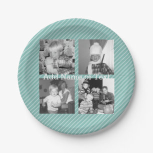 Instagram Photo Collage 4 pictures - blue stripes Paper Plate
