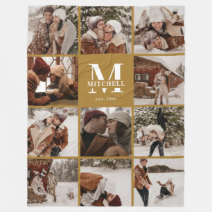 Instagram Photo Collage   Boho Mustard Monogram  Fleece Blanket