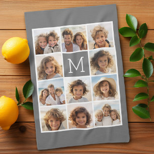 Instagram Photo Collage Custom Monogram Charcoal Kitchen Towel
