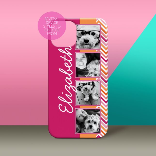 Instagram Photo Collage Hot Pink Orange Chevrons Case-Mate iPhone Case (Personalized Phone Case with Custom Photos and Text - Pick Your Device Style)
