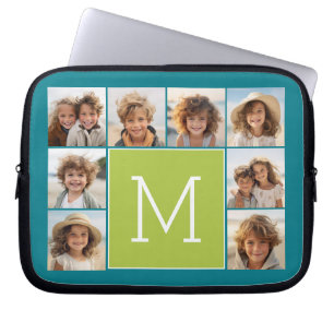 Instagram Photo Collage Monogram - Blue and Lime Laptop Sleeve