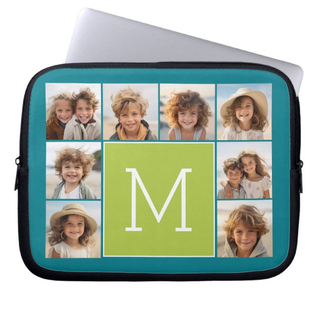 Instagram Photo Collage Monogram - Blue and Lime Laptop Sleeve (Front)