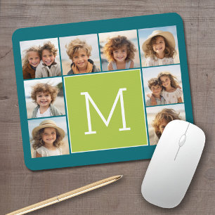 Instagram Photo Collage Monogram - Blue and Lime Mouse Pad