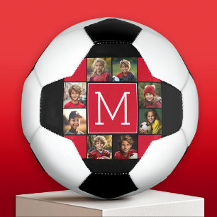 Instagram Photo Collage Monograms - Red Black Soccer Ball