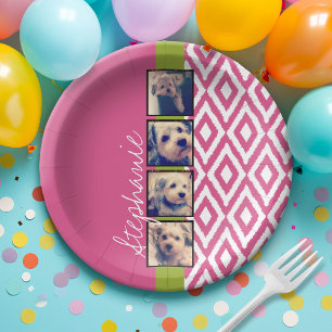 Instagram Photo Collage with Ikat hot pink name Paper Plate