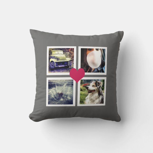 Instagram Photo Collage with Pink Heart Throw Pillow (Front)