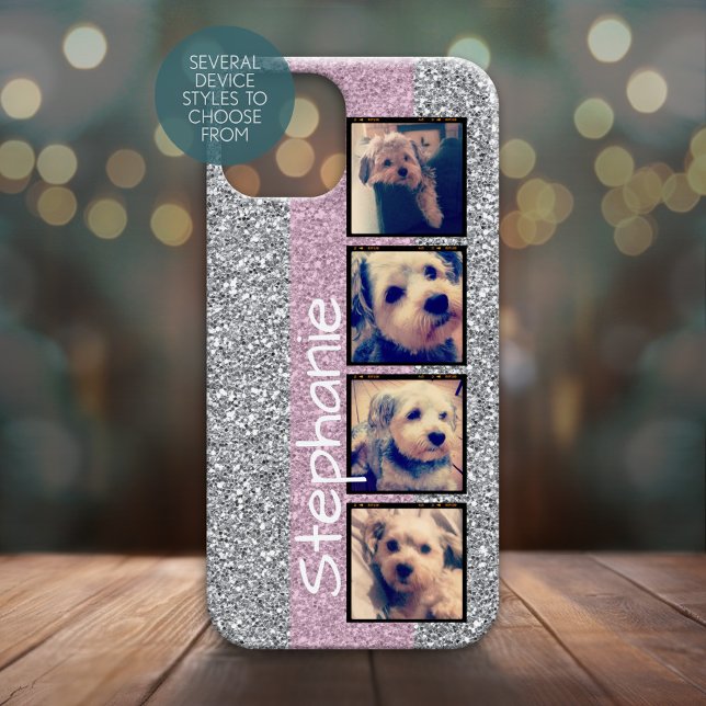 Instagram Photo Display pink 4 photos fake glitter Case-Mate iPhone Case (Personalized Phone Case with 4 Photos and Custom Text - Choose Your Device Style)