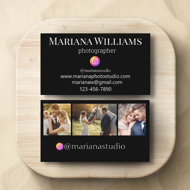 instagram photographer 3 photos collage black  business card (Creator Uploaded)
