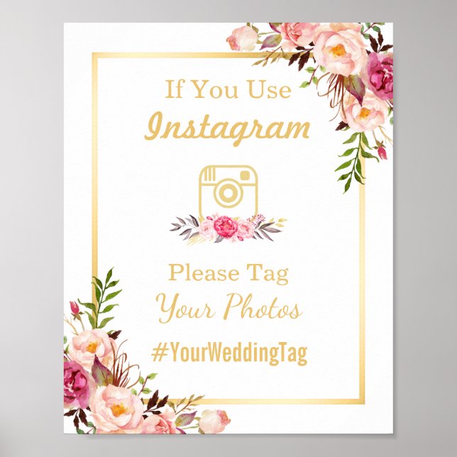 Instagram Wedding Sign | Elegant Chic Floral Gold (Front)