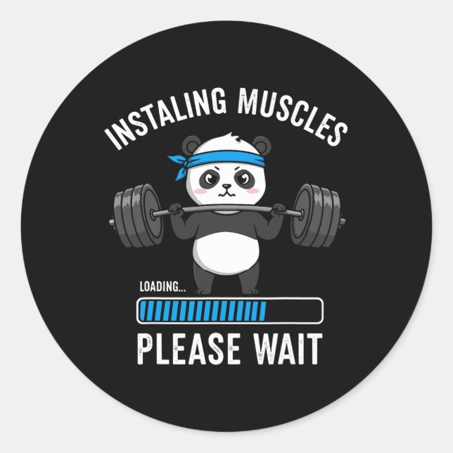 Installing Muscles Funny Panda Weightlifting Worko Classic Round Sticker (Front)