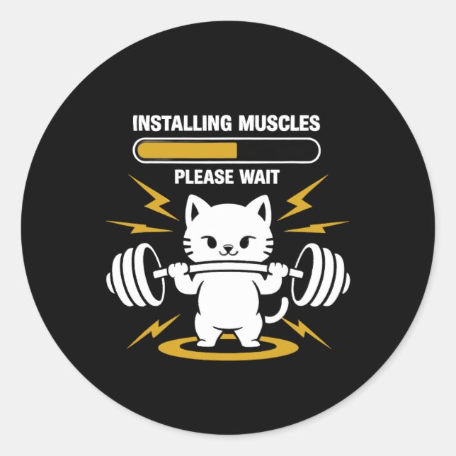 Installing Muscles Please Wait Cute Gym Cat Bodybu Classic Round Sticker (Front)