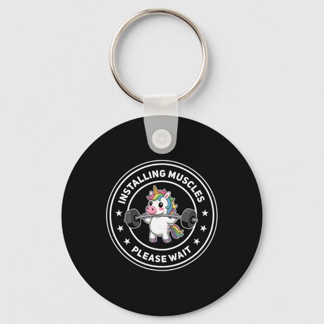 Installing Muscles Please Wait Cute Gym Unicorn Bo Keychain (Front)