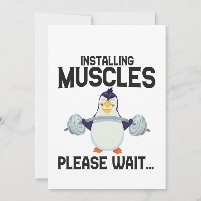 Installing Muscles Please Wait Funny Penguin Bird Invitation (Front)