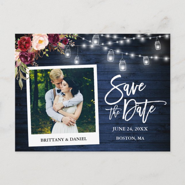 Instant Camera Blue Wood Floral Jars Save The Date Postcard (Front)