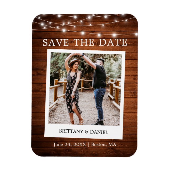 Instant Camera Photo Wood Lights Save The Date Magnet (Vertical)