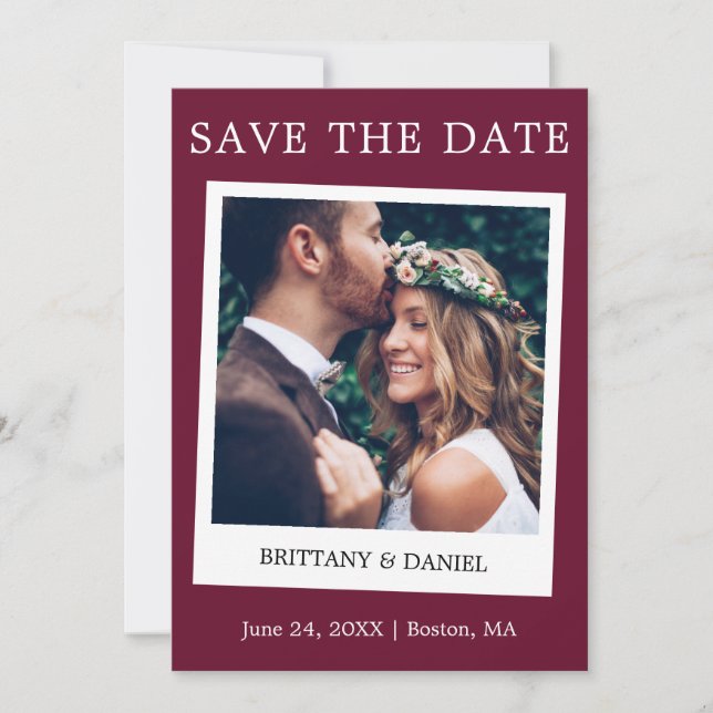 Instant Camera Style Couple Photo Burgundy Save The Date (Front)