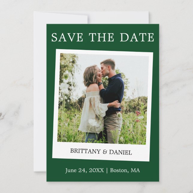 Instant Camera Style Couple Photo Green Save The Date (Front)