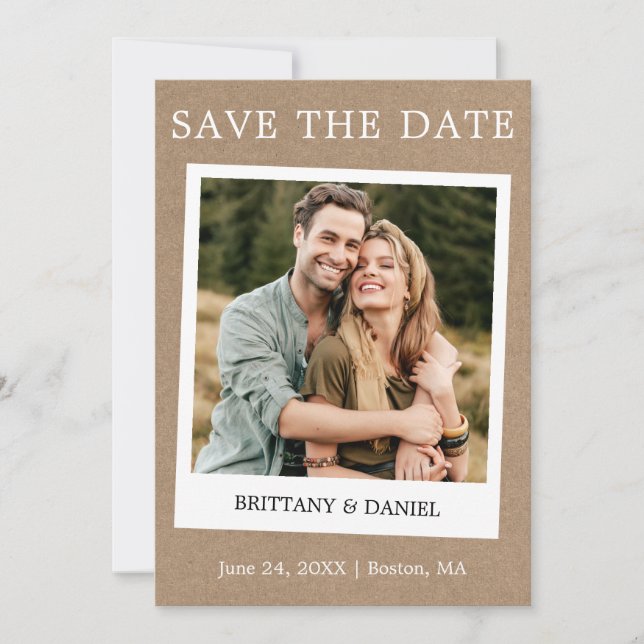 Instant Camera Style Couple Photo Kraft Save The Date (Front)