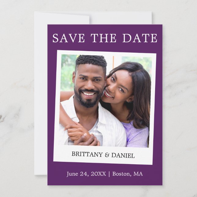 Instant Camera Style Couple Photo Purple Save The Date (Front)